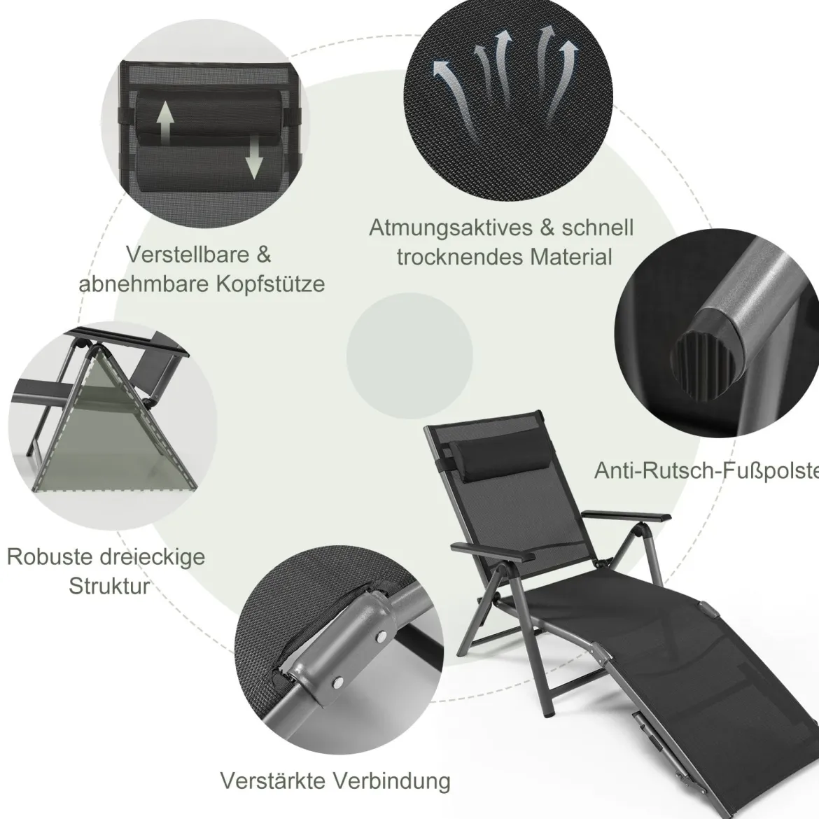 2er Set Terrassenliegestuhl Outdoor-Terrassenstuhl Klappliege mit 8 verstellbaren Rücken Schwarz