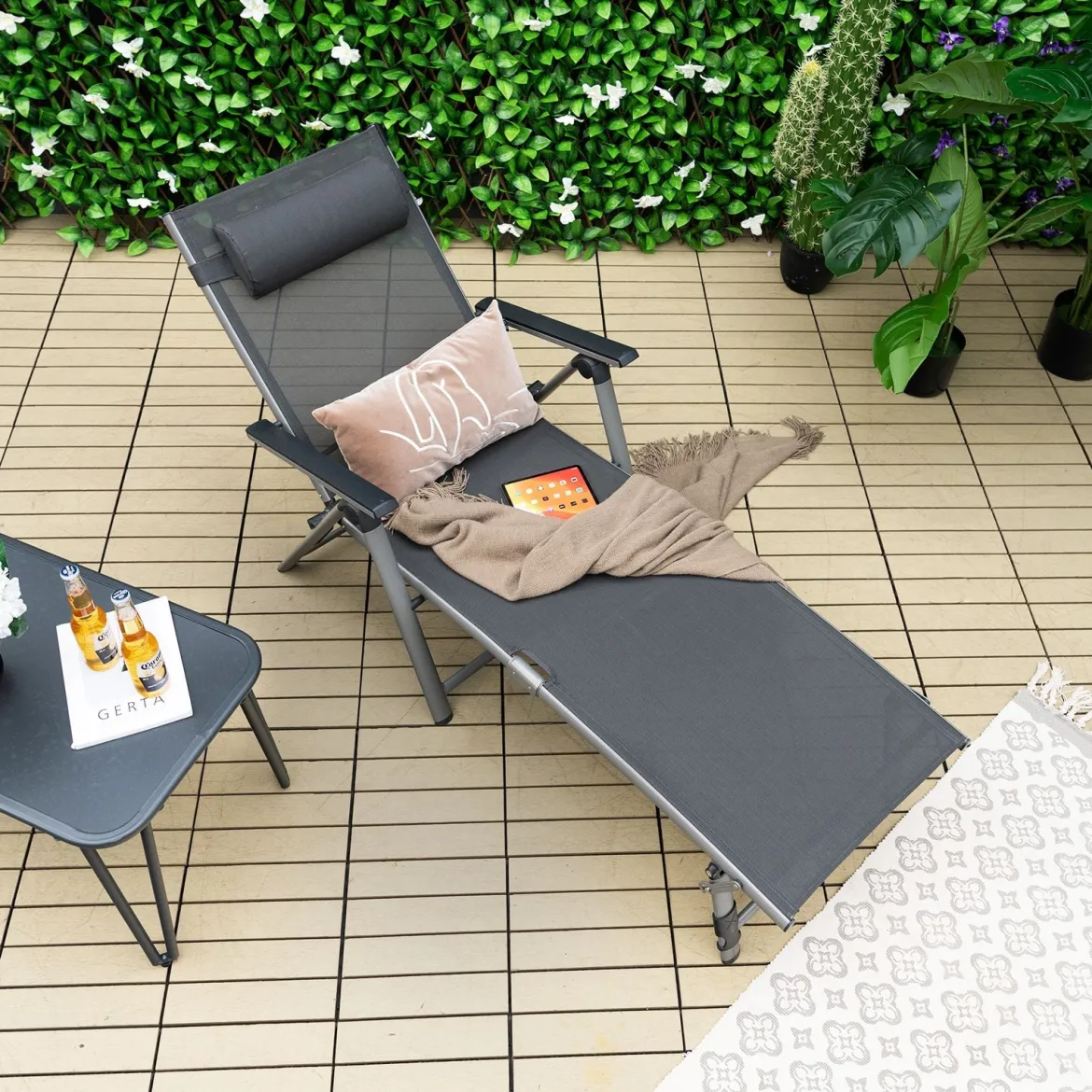2er Set Terrassenliegestuhl Outdoor-Terrassenstuhl Klappliege mit 8 verstellbaren Rücken Schwarz