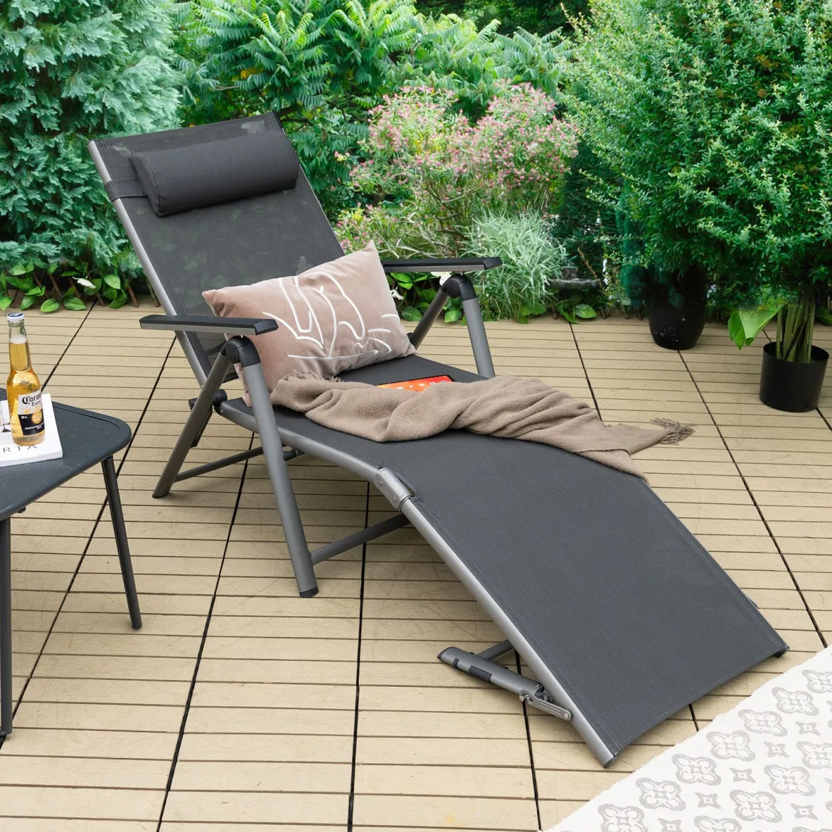 2er Set Terrassenliegestuhl Outdoor-Terrassenstuhl Klappliege mit 8 verstellbaren Rücken Schwarz