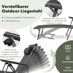 2er Set Terrassenliegestuhl Outdoor-Terrassenstuhl Klappliege mit 8 verstellbaren Rücken Schwarz