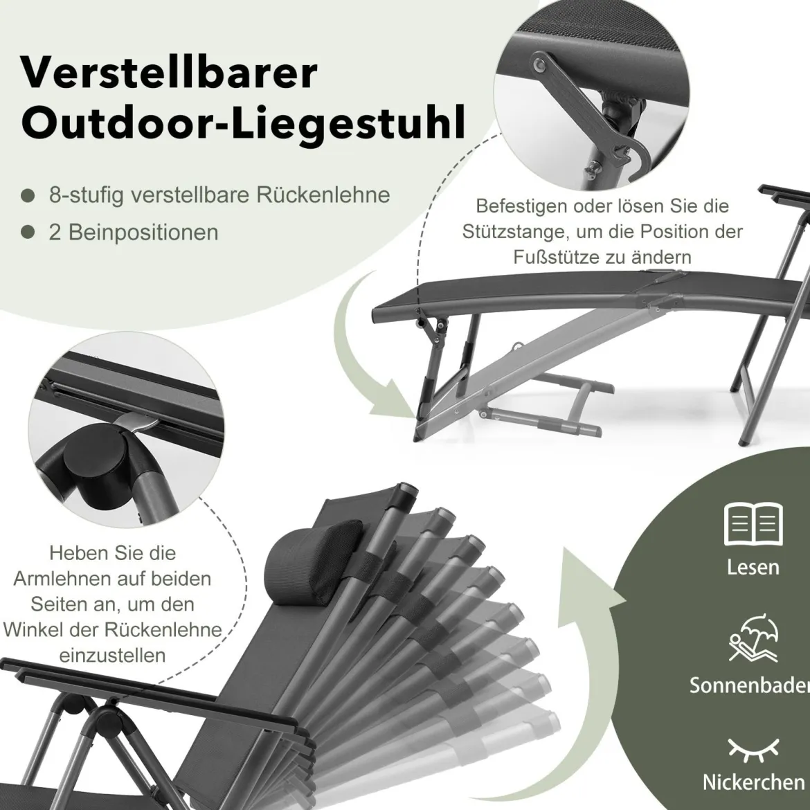 2er Set Terrassenliegestuhl Outdoor-Terrassenstuhl Klappliege mit 8 verstellbaren Rücken Schwarz