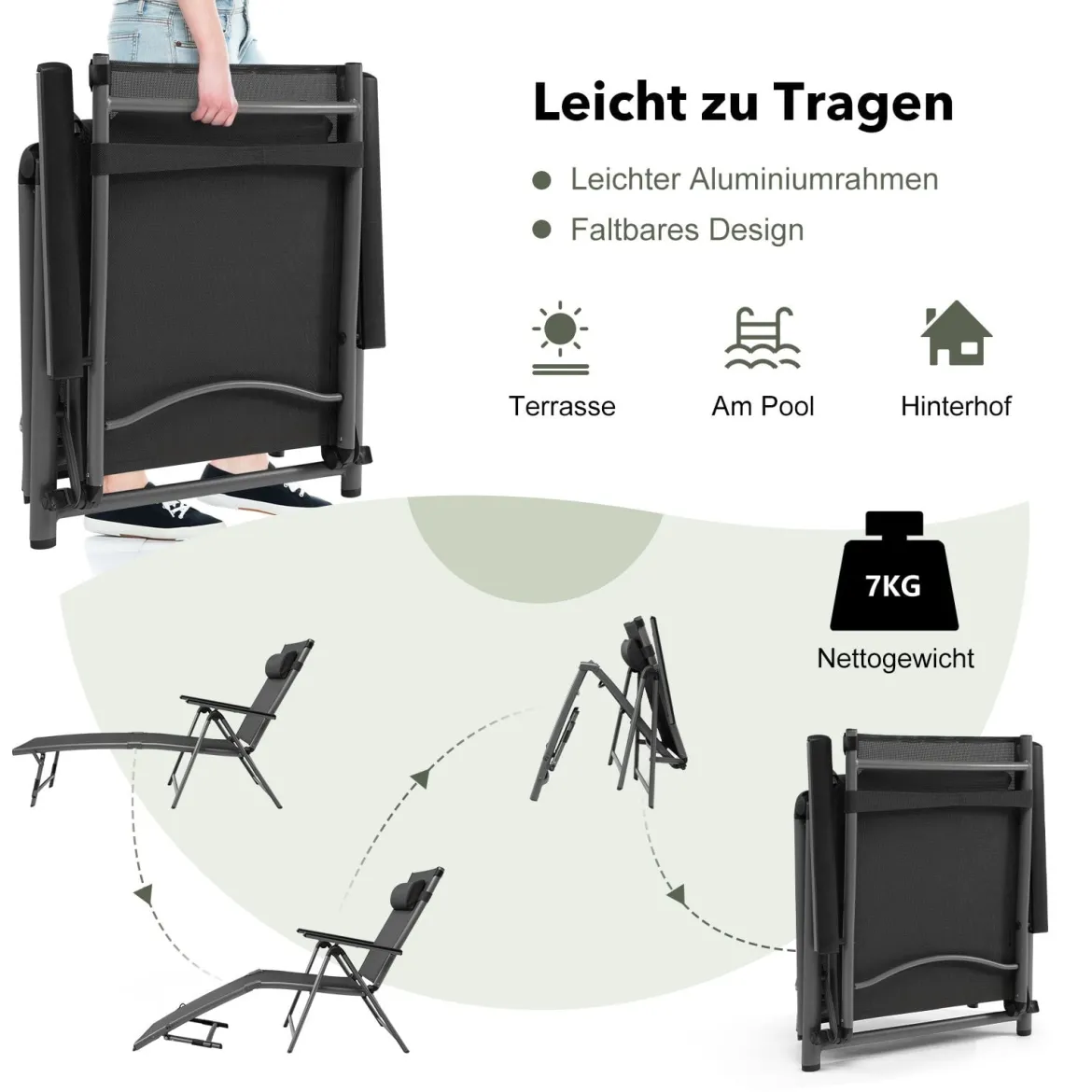 2er Set Terrassenliegestuhl Outdoor-Terrassenstuhl Klappliege mit 8 verstellbaren Rücken Schwarz