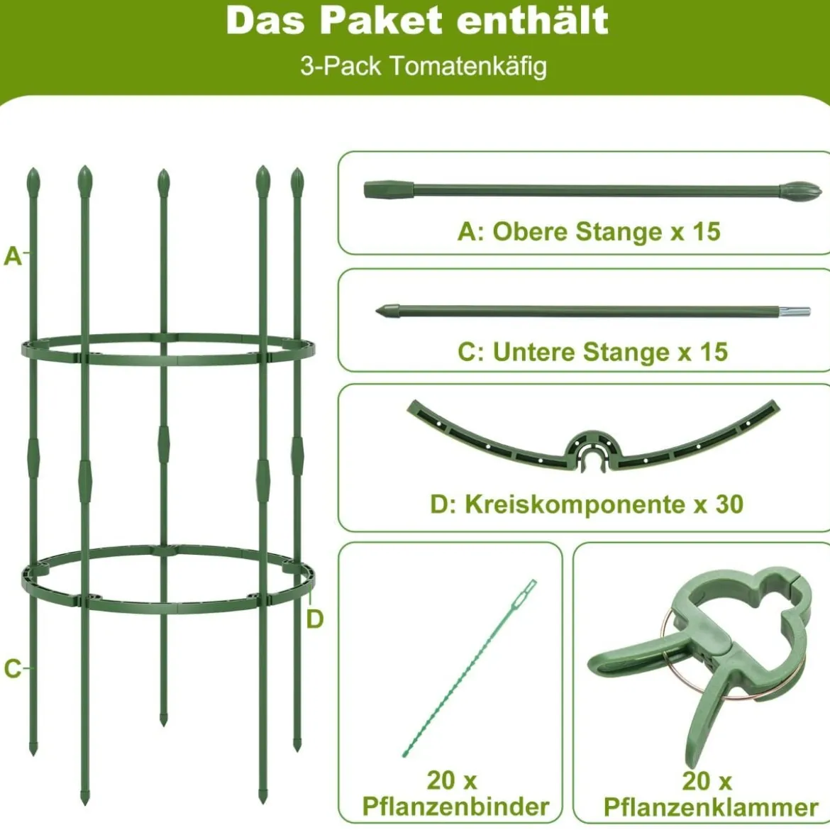 3er Set Tomaten Rankhilfe mit Verstellbare Höhe & 2 Ringe Pflanzenkäfig Pflanzenstütze 102 cm Hoch