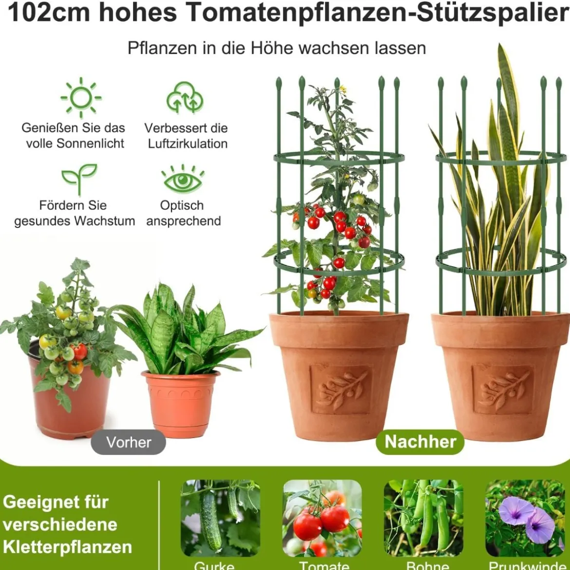 3er Set Tomaten Rankhilfe mit Verstellbare Höhe & 2 Ringe Pflanzenkäfig Pflanzenstütze 102 cm Hoch