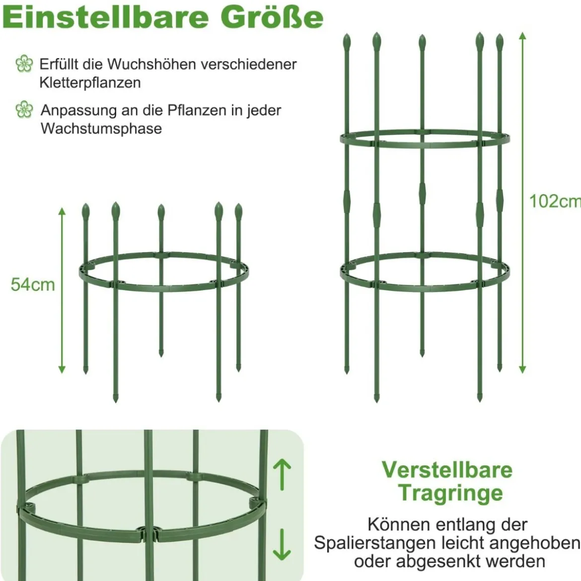 3er Set Tomaten Rankhilfe mit Verstellbare Höhe & 2 Ringe Pflanzenkäfig Pflanzenstütze 102 cm Hoch