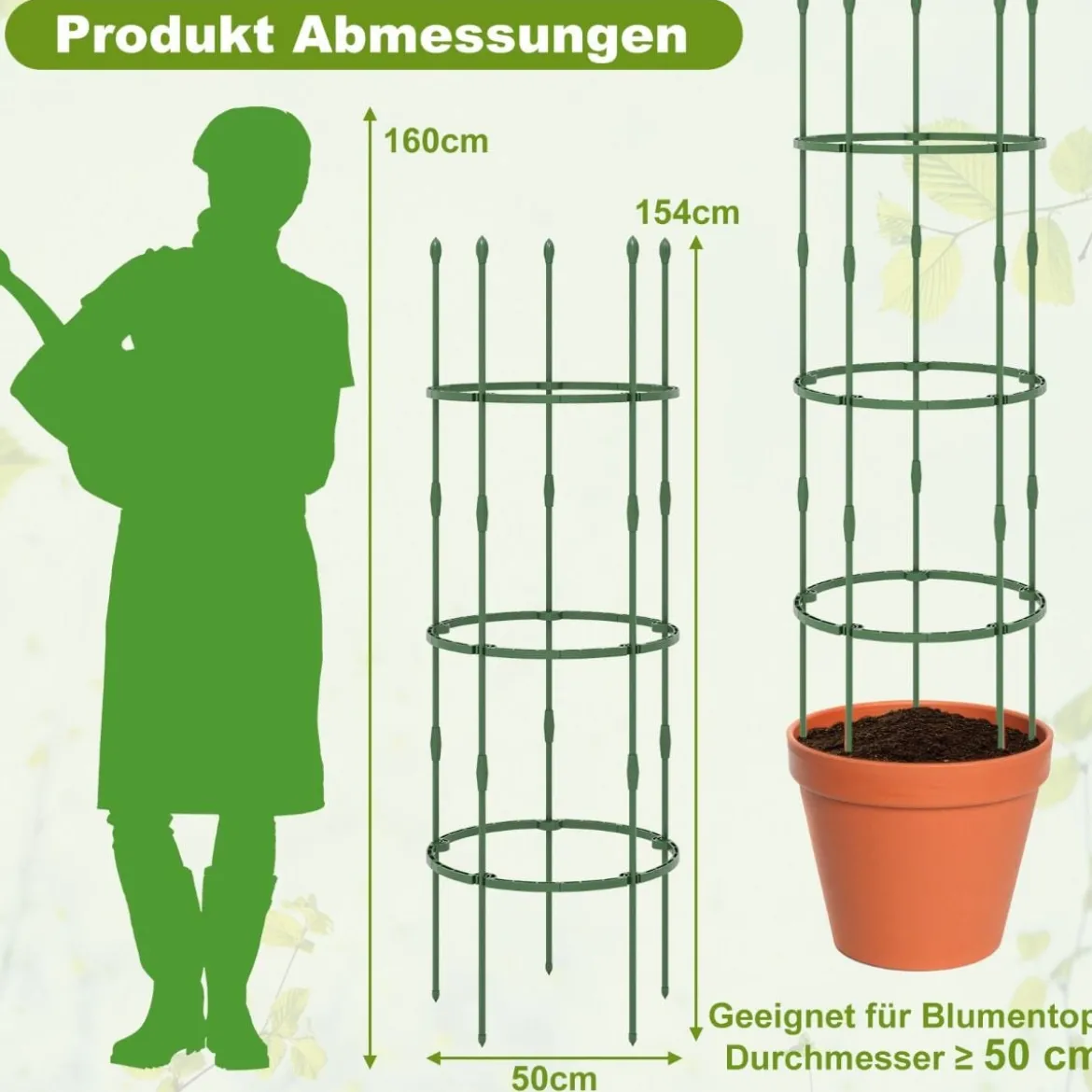 3er Set Tomaten Rankhilfe mit Verstellbare Höhe & 3 Ringe Pflanzenkäfig Pflanzenstütze 154 cm Hoch