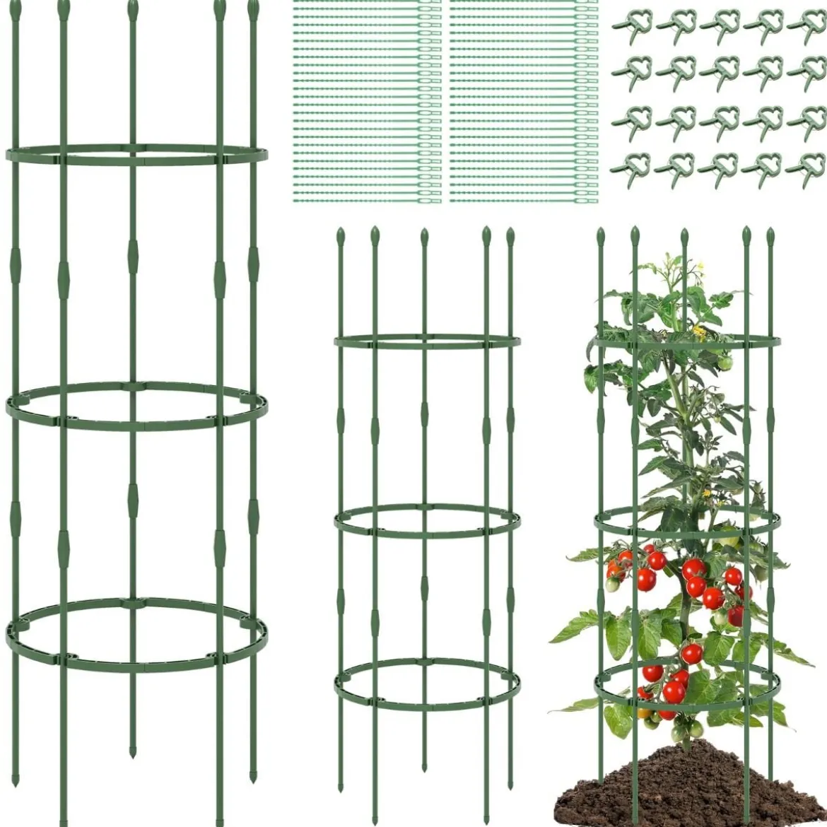 3er Set Tomaten Rankhilfe mit Verstellbare Höhe & 3 Ringe Pflanzenkäfig Pflanzenstütze 154 cm Hoch