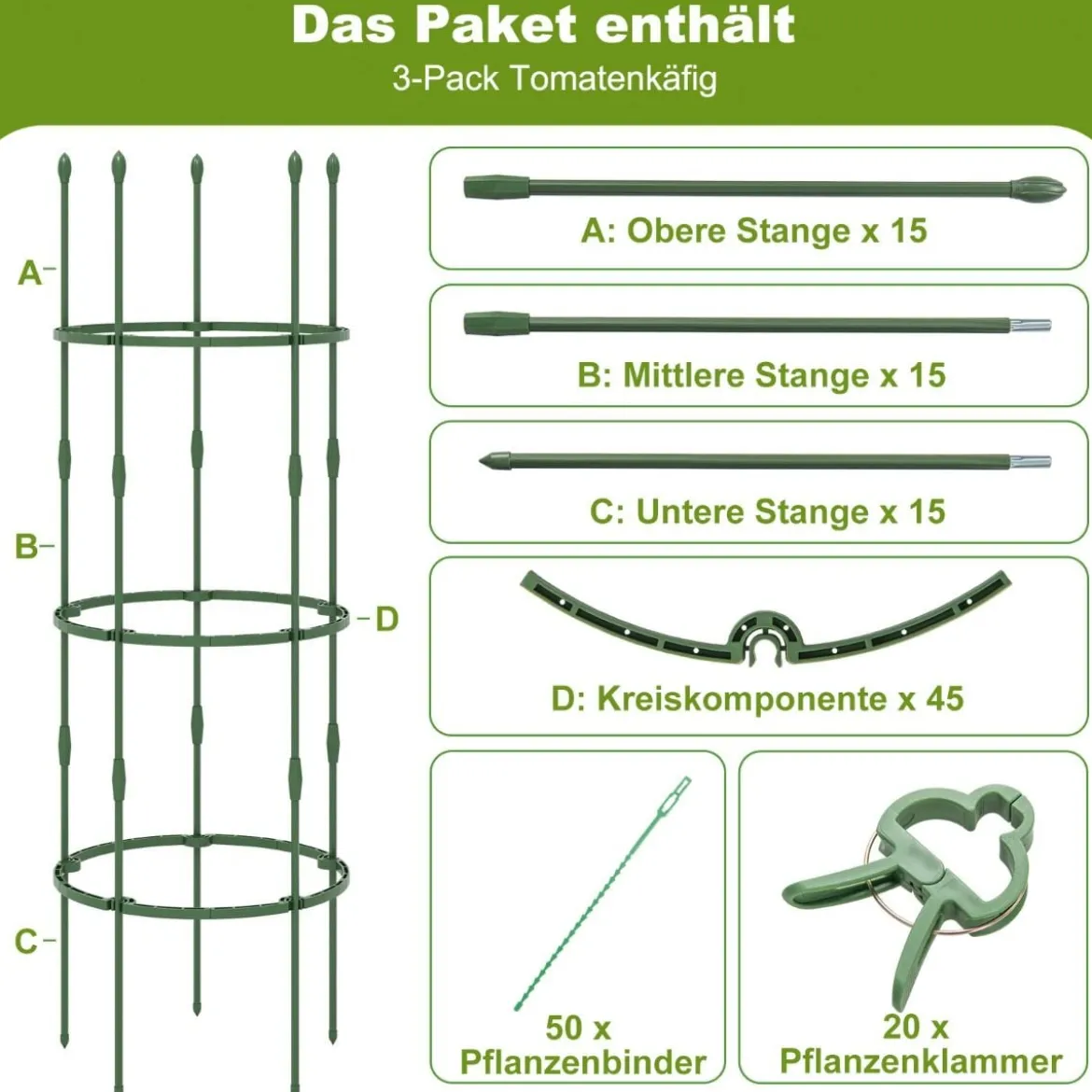 3er Set Tomaten Rankhilfe mit Verstellbare Höhe & 3 Ringe Pflanzenkäfig Pflanzenstütze 154 cm Hoch