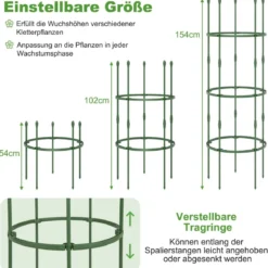 3er Set Tomaten Rankhilfe mit Verstellbare Höhe & 3 Ringe Pflanzenkäfig Pflanzenstütze 154 cm Hoch
