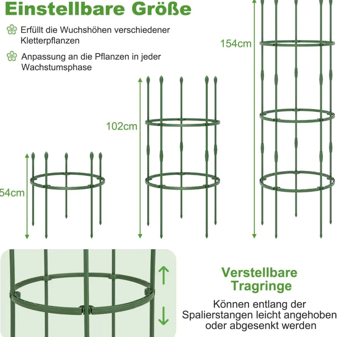 3er Set Tomaten Rankhilfe mit Verstellbare Höhe & 3 Ringe Pflanzenkäfig Pflanzenstütze 154 cm Hoch