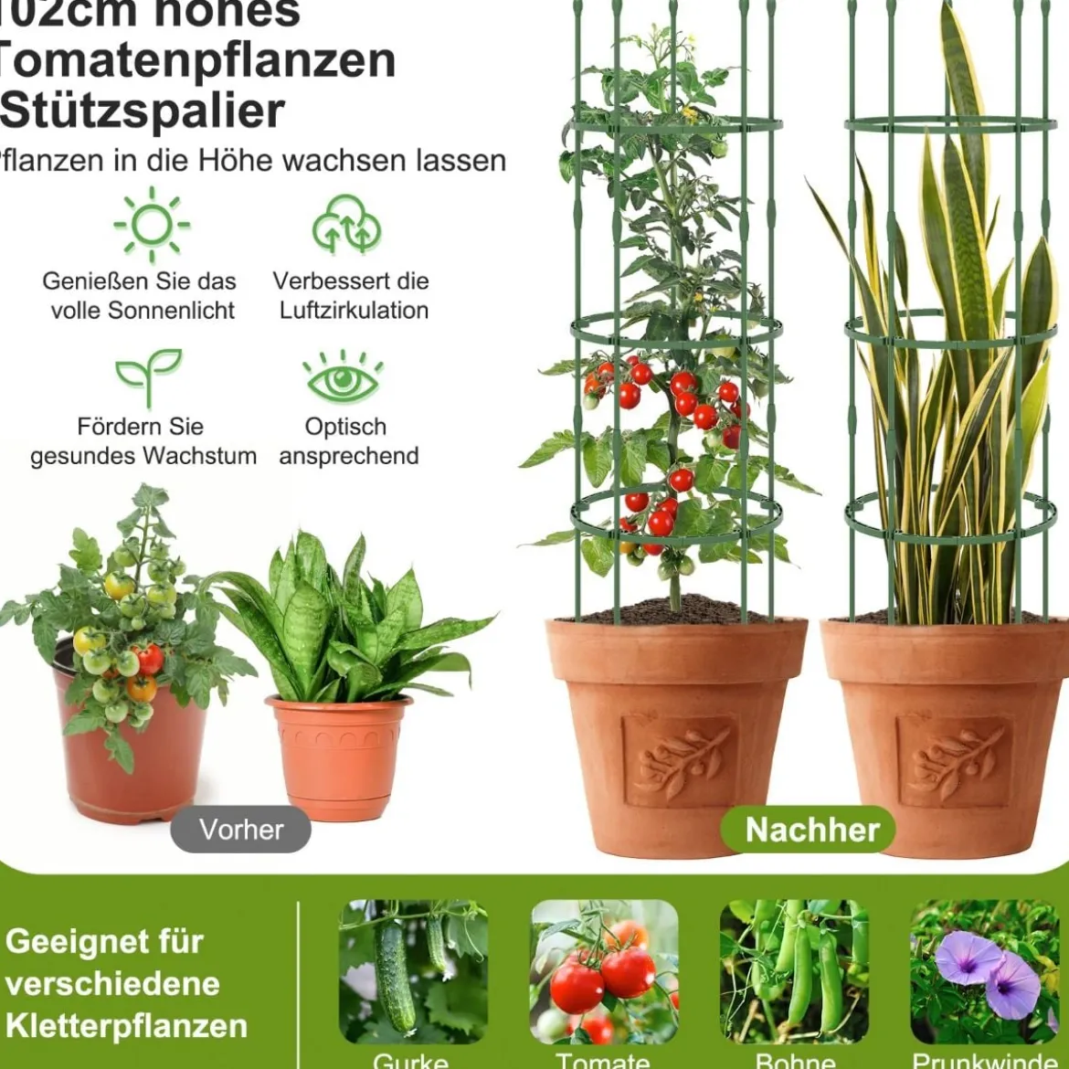 3er Set Tomaten Rankhilfe mit Verstellbare Höhe & 3 Ringe Pflanzenkäfig Pflanzenstütze 154 cm Hoch