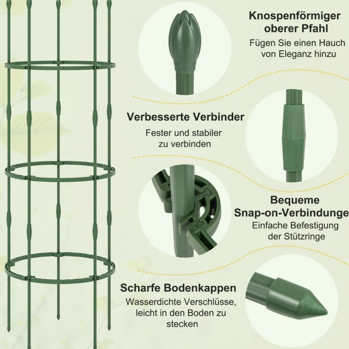 3er Set Tomaten Rankhilfe mit Verstellbare Höhe & 3 Ringe Pflanzenkäfig Pflanzenstütze 154 cm Hoch