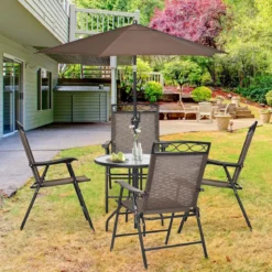 4-er Set tragbare Esszimmerstühle Faltbare Terrassenstühle Klappstühle mit Rückenlehne und Armlehnen Braun