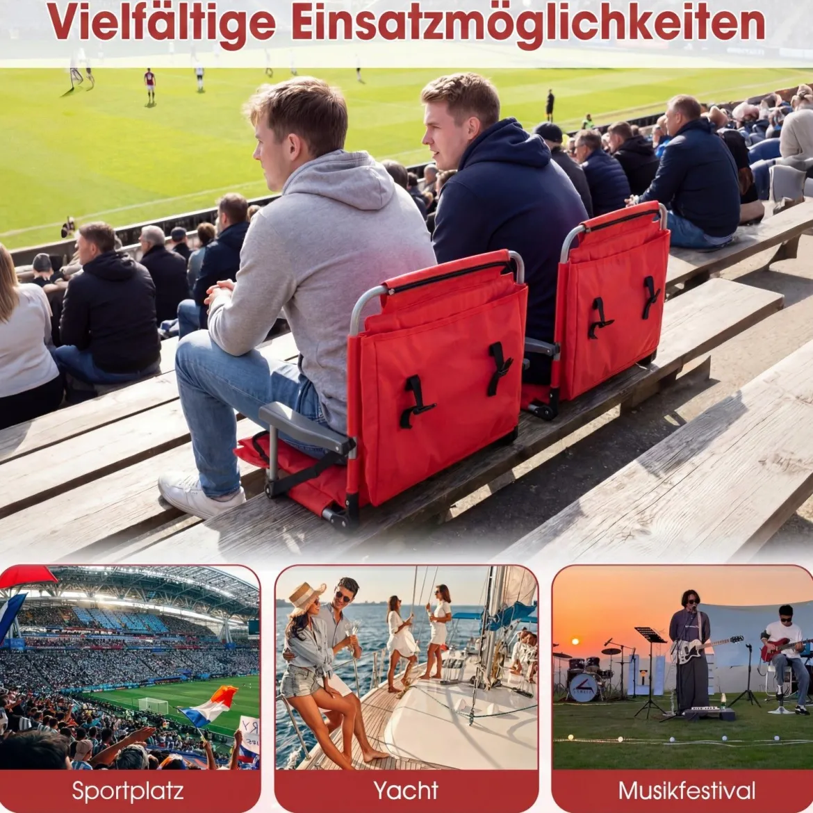 2er Set Tragbarer Stadionsitz mit Rückenlehne Klappbarer Tribünenstuhl mit Schultergurt & Getränkehalter Rot