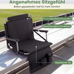 2er Set Tragbarer Stadionsitz mit Rückenlehne Klappbarer Tribünenstuhl mit Schultergurt & Getränkehalter Schwarz