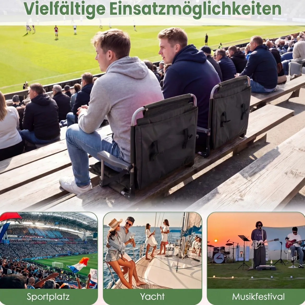 2er Set Tragbarer Stadionsitz mit Rückenlehne Klappbarer Tribünenstuhl mit Schultergurt & Getränkehalter Schwarz