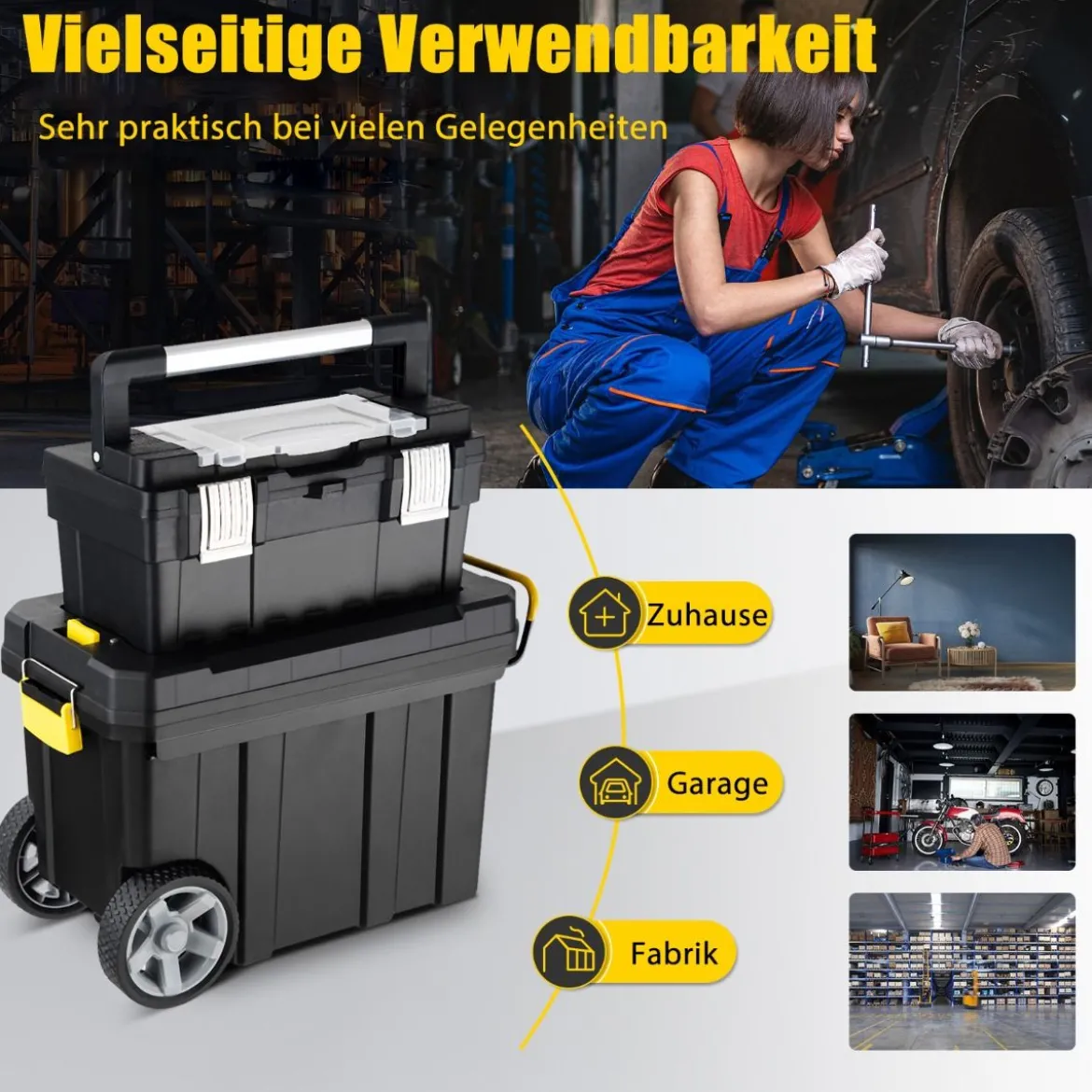 2er Set tragbarer Werkzeugkoffer mit Ziehgriff & Abnehmbarem Fach Trolley Werkzeugkoffer Schwarz