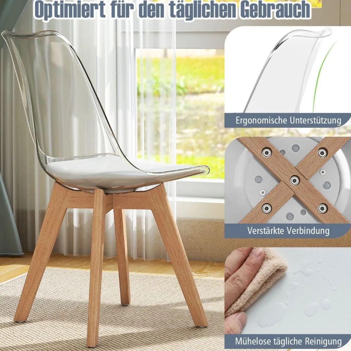 4er Set Transparent Esszimmerstühle mit Massivholz Beine Skandinavische Küchenstühle Akzentstuhl Weiß