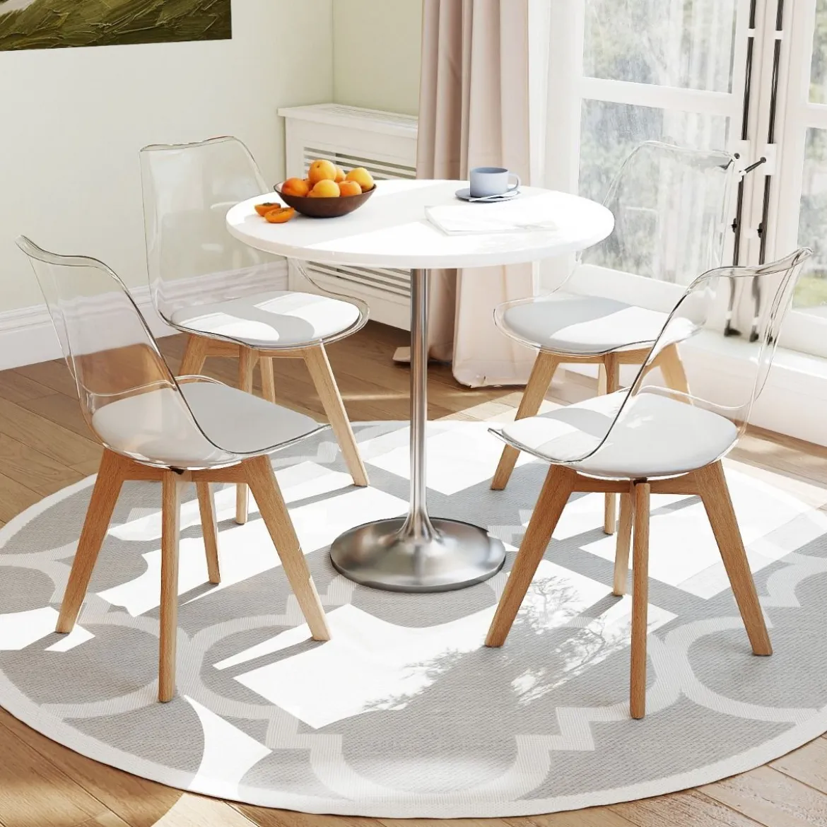 4er Set Transparent Esszimmerstühle mit Massivholz Beine Skandinavische Küchenstühle Akzentstuhl Weiß