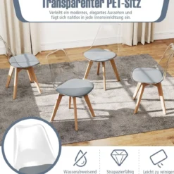 4er Set Transparent Esszimmerstühle mit Massivholz Beine Skandinavische Küchenstühle Akzentstuhl Grau