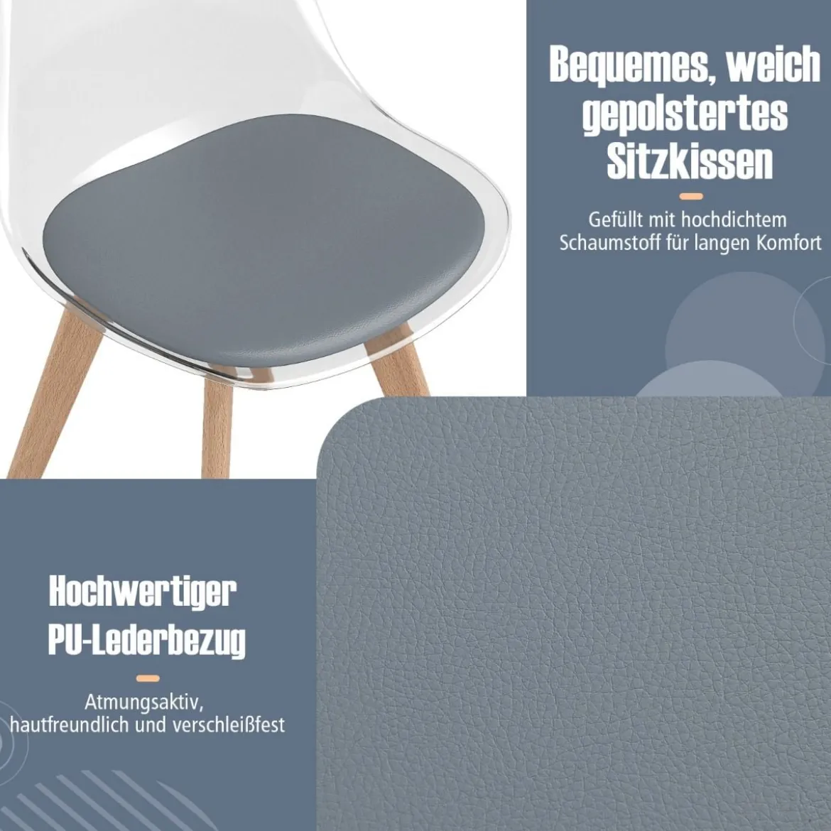 4er Set Transparent Esszimmerstühle mit Massivholz Beine Skandinavische Küchenstühle Akzentstuhl Grau