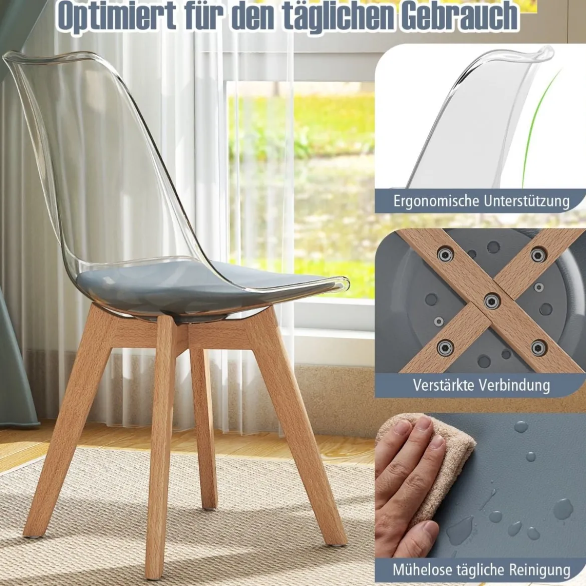 4er Set Transparent Esszimmerstühle mit Massivholz Beine Skandinavische Küchenstühle Akzentstuhl Grau