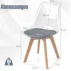 4er Set Transparent Esszimmerstühle mit Massivholz Beine Skandinavische Küchenstühle Akzentstuhl Grau