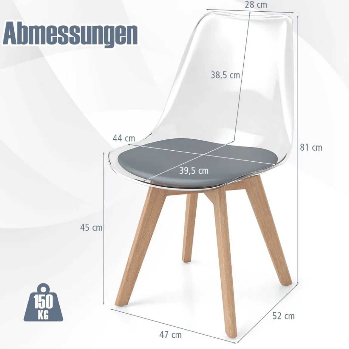 4er Set Transparent Esszimmerstühle mit Massivholz Beine Skandinavische Küchenstühle Akzentstuhl Grau