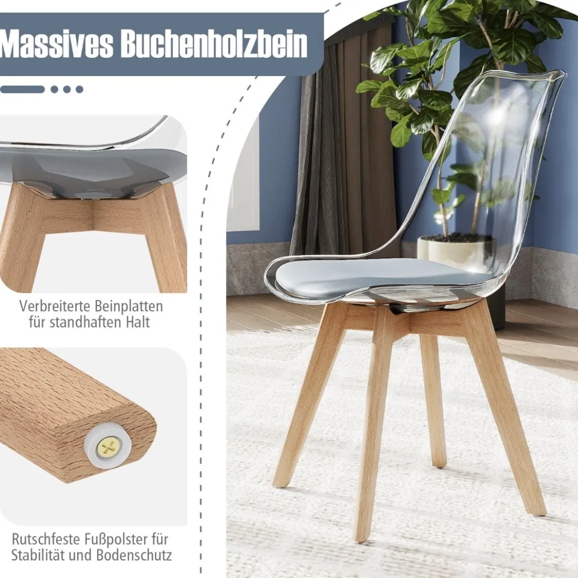 4er Set Transparent Esszimmerstühle mit Massivholz Beine Skandinavische Küchenstühle Akzentstuhl Grau