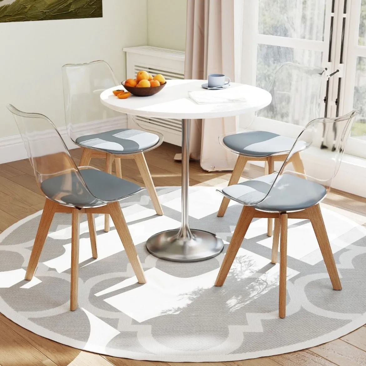 4er Set Transparent Esszimmerstühle mit Massivholz Beine Skandinavische Küchenstühle Akzentstuhl Grau