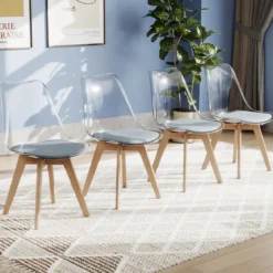 4er Set Transparent Esszimmerstühle mit Massivholz Beine Skandinavische Küchenstühle Akzentstuhl Grau