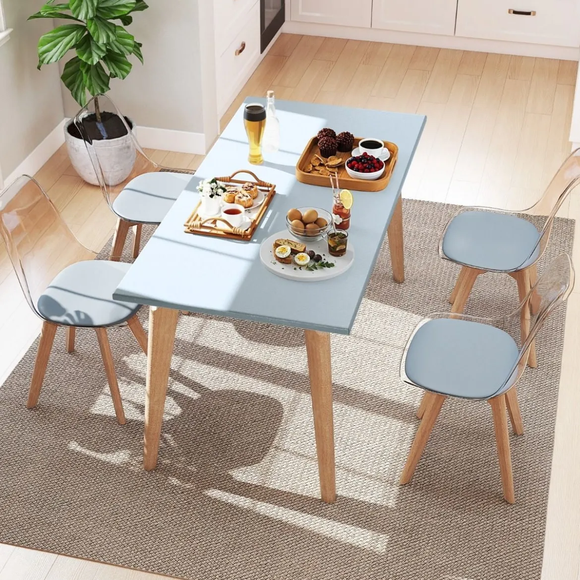 4er Set Transparent Esszimmerstühle mit Massivholz Beine Skandinavische Küchenstühle Akzentstuhl Grau