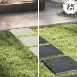 16er Set Trittsteine für Garten Gehwegplatten aus Polypropylen Steinplatten inkl. 64 Erdspießen Beige + Grau