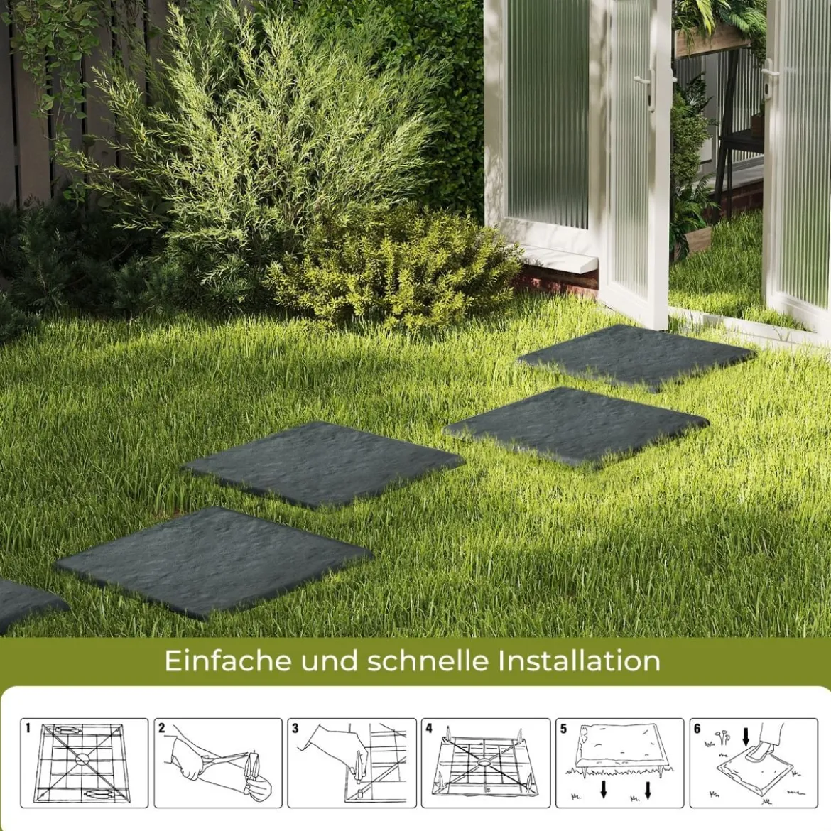 16er Set Trittsteine für Garten Gehwegplatten aus Polypropylen Steinplatten inkl. 64 Erdspießen 39,5 x 39,5 cm Grau