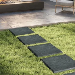 16er Set Trittsteine für Garten Gehwegplatten aus Polypropylen Steinplatten inkl. 64 Erdspießen 39,5 x 39,5 cm Grau