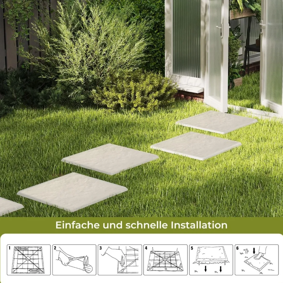8er Set Trittsteine für Garten Gehwegplatten aus Polypropylen Steinplatten inkl. 32 Erdspießen 39,5 x 39,5 cm Beige