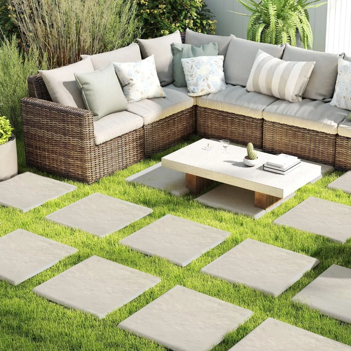 8er Set Trittsteine für Garten Gehwegplatten aus Polypropylen Steinplatten inkl. 32 Erdspießen 39,5 x 39,5 cm Beige