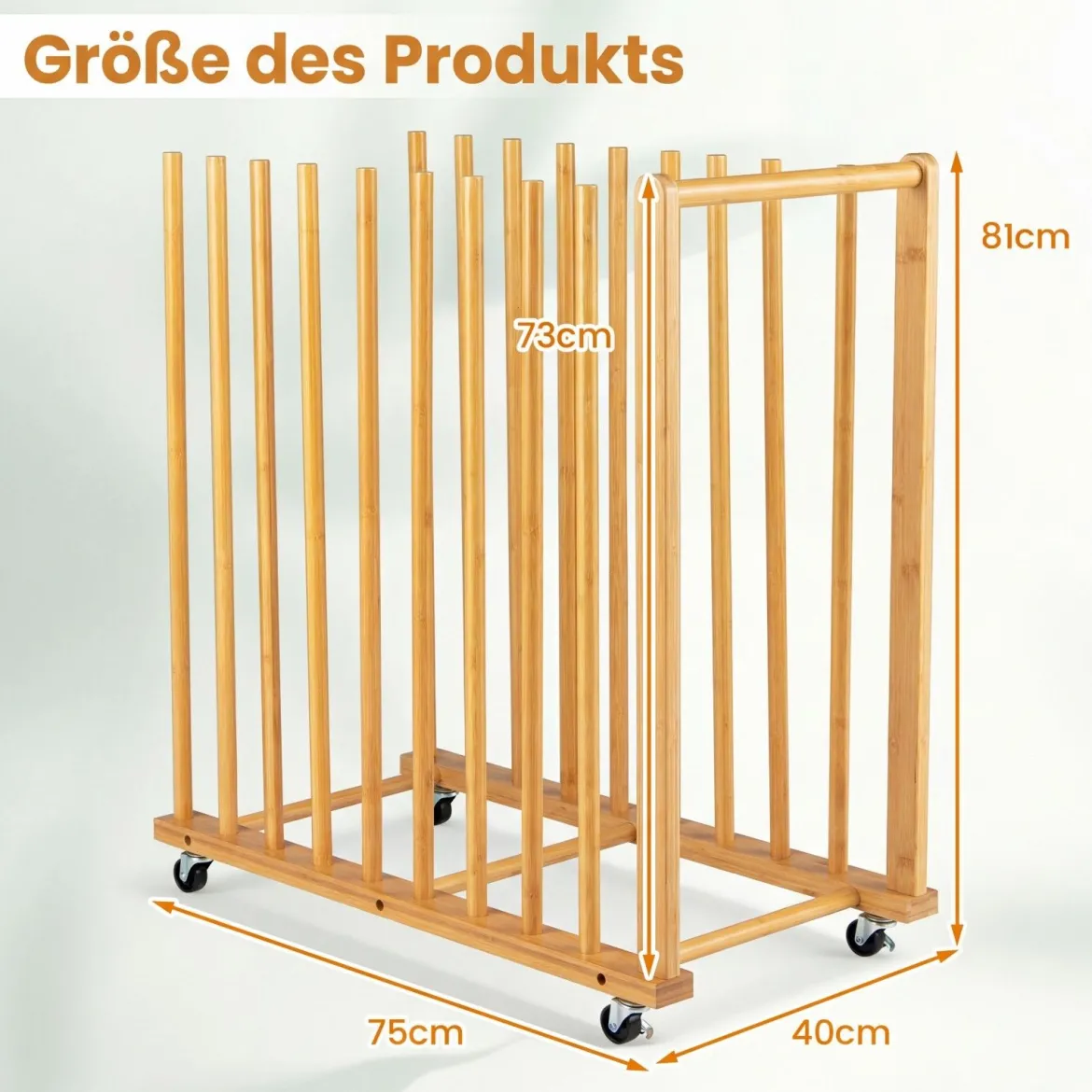 2er Set Trocken-Malregal aus Bambus mit 9 Schlitzen Griff & Rollen in Natürlicher Optik 75 x 40 x 81 cm