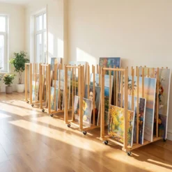 2er Set Trocken-Malregal aus Bambus mit 9 Schlitzen Griff & Rollen in Natürlicher Optik 75 x 40 x 81 cm