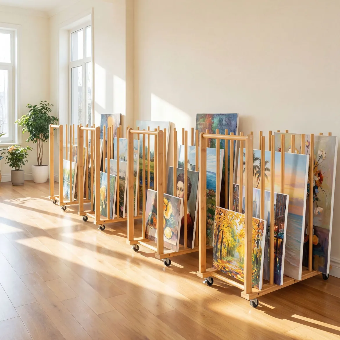 2er Set Trocken-Malregal aus Bambus mit 9 Schlitzen Griff & Rollen in Natürlicher Optik 75 x 40 x 81 cm