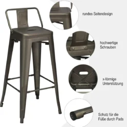 4er Set Vintage Barstühle aus Rotguss-Metall mit Rückenlehne Stapelbare Esszimmerstühle Rotguss
