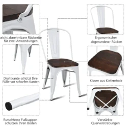 4er Set Vintage-Metallstuhl stapelbarer Küchenstuhl mit Rückenlehne 42,5 x 52 x 83,5 cm Weiß + Braun