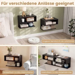 2er Set Wandmontierter Nachttisch Hängender Nachtschrank aus Holz mit 2 Offenen Fächern Schwarz