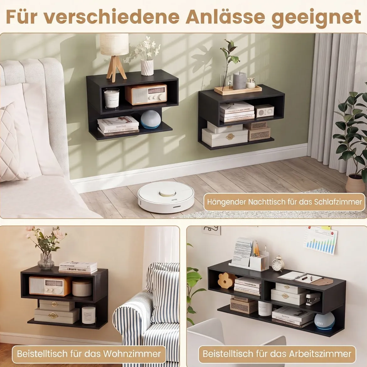 2er Set Wandmontierter Nachttisch Hängender Nachtschrank aus Holz mit 2 Offenen Fächern Schwarz
