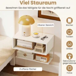 2er Set Wandmontierter Nachttisch Hängender Nachtschrank aus Holz mit 2 Offenen Fächern Weiß