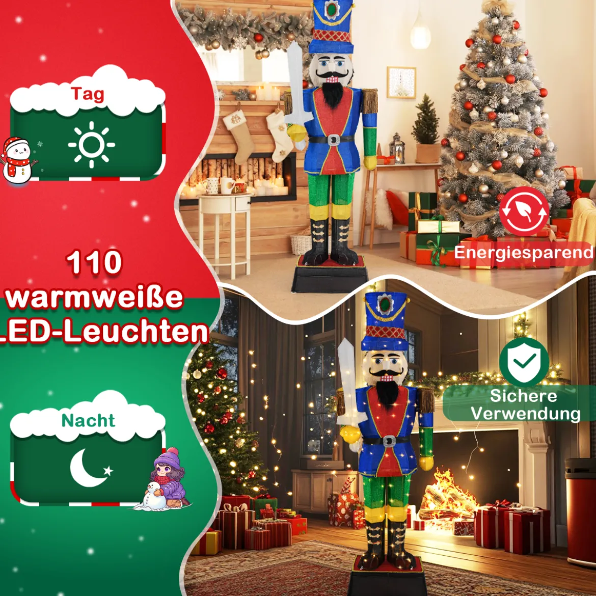 2er Set Weihnachten Nussknacker Figur Beleuchtete Weihnachtsdeko XXL 184 cm