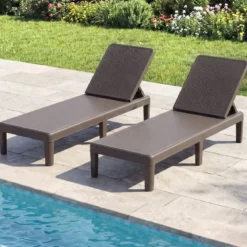 2er Set Wetterfeste Sonnenliege mit Verstellbarer Rückenlehne Kunststoff Gartenliege Balkonliege Braun