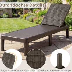 2er Set Wetterfeste Sonnenliege mit Verstellbarer Rückenlehne Kunststoff Gartenliege Balkonliege Braun