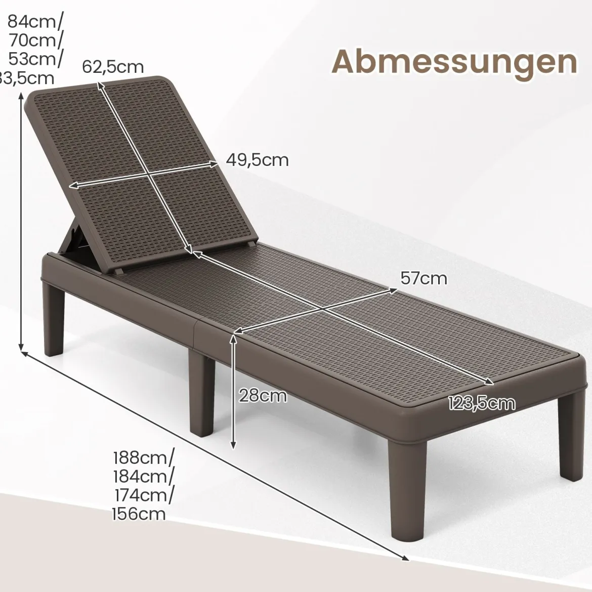 2er Set Wetterfeste Sonnenliege mit Verstellbarer Rückenlehne Kunststoff Gartenliege Balkonliege Braun