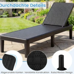 2er Set Wetterfeste Sonnenliege mit Verstellbarer Rückenlehne Kunststoff Gartenliege Balkonliege Schwarz